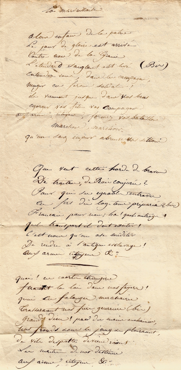 (ROUGET DE LISLE) – La MARSEILLAISE - Manuscrit Anonyme.